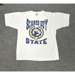 Vintage Scared Guy University White T-Shirt Large Front Graphic Men's Size 2XL